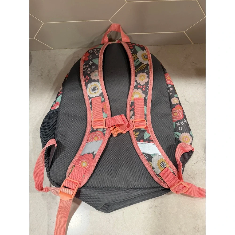 Crckt Kids Floral Backpack Gray Pink School Bag with Flower Keychain 16 inch
